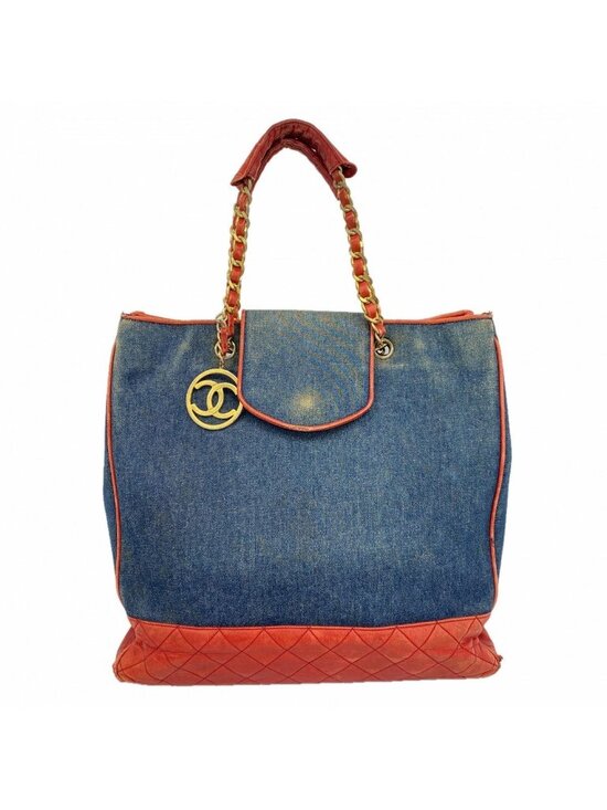 Chanel Denim Lambskin Tote Blue Red 1266439 – FASHIONPHILE Chanel Chain Tote Quilted Lambskin Denim Blue Red Gold